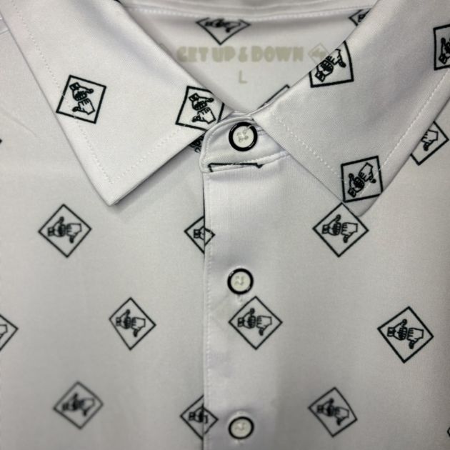 XL Moving day Get up & down golf polo black & white hands logos