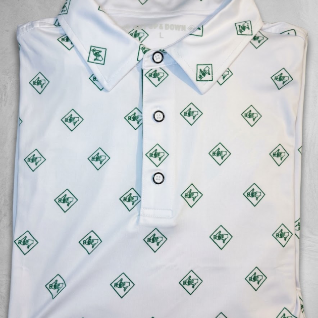 XL Moving day Get up & down golf polo green & white hands logos